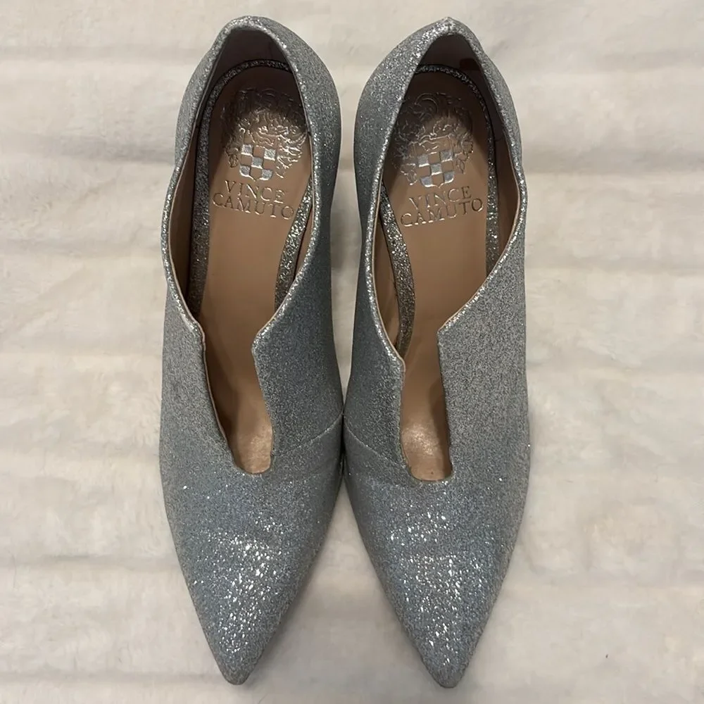 Vince Camuto Metseya silver glitter pointed toe party stiletto bootie heels 5.5